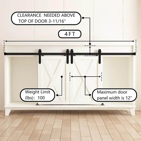 4ft Double Door Sliding Barn Door Hardware Kit For Cabinets Wardrobes And TV Stands With Carbon Steel Construction Black Powder Coated Finish Featuring Rails Supports Rollers And Stoppers Included For Doors Up To 100 Lbs And Nine Sixteenths To Thirteen installed on a white cabinet