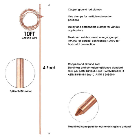 Diagram of 4 Foot Copper Bonded Grounding Rod With 3 Eighth Inch Diameter And 10 Foot Ground Wire Integrated Cable Clips details.