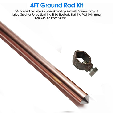 4 Ft Copper Bond Ground Rod Kit with Easy Install Bronze UL Listed Clamp 5/8 Inch Grounding Rod for Fence Lightning Protection and Pool Earthing