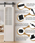 Image showing 4FT Sliding Barn Door Hardware Kit for Single Doors up to 24 Inch with details of track, nylon rollers, door stopper, and guides.