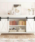 4ft Double Door Sliding Barn Door Hardware Kit For Cabinets Wardrobes And TV Stands With Carbon Steel Construction Black Powder Coated Finish Featuring Rails Supports Rollers And Stoppers Included For Doors Up To 100 Lbs And Nine Sixteenths To Thirteen installed on white cabinet.
