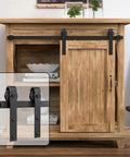 4FT Super Mini Sliding Barn Door Hardware Kit for Single Door TV Stands Wardrobes and Cabinets with J Shape Hanger shown on wooden cabinet
