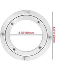 4 Inch Aluminum Alloy Lazy Susan Swivel Bearing showing dimensions for dining tables and cabinets, with heavy duty round base.