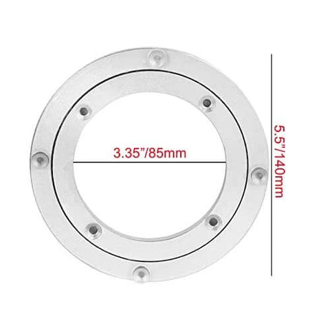 4 Inch Aluminum Alloy Lazy Susan Swivel Bearing showing dimensions for dining tables and cabinets, with heavy duty round base.
