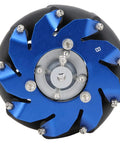 4 Inch Mecanum Wheel Omnidirectional Aluminum Drive Wheel with TPU Rollers, blue aluminum body, front view, for robot chassis.