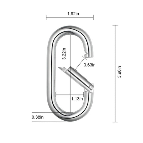 4 Inch Carabiner Clip Heavy Duty Spring Snap Hook Oval Shape 2 Pack 10x100mm Load Bearing 800 Lbs with dimensions shown