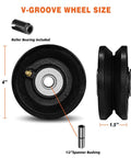 Front and side view of 4 Inch By One And A Half Inch Cast Iron V Groove Wheel With Roller Bearing 600 Lbs Capacity Designed For Heavy Duty Roll Tracks