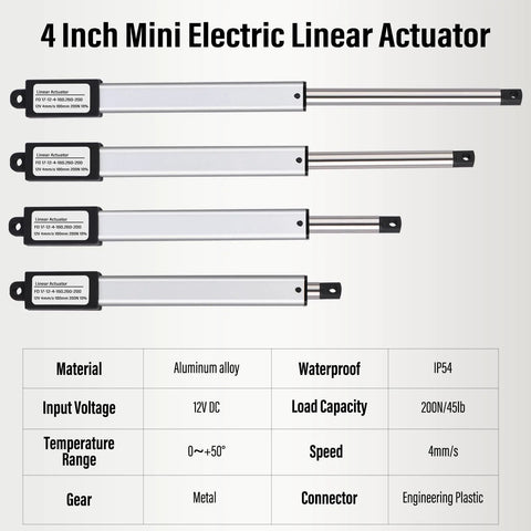 4 inch mini electric linear actuator specs with table showing material, voltage, waterproof rating, load, and speed