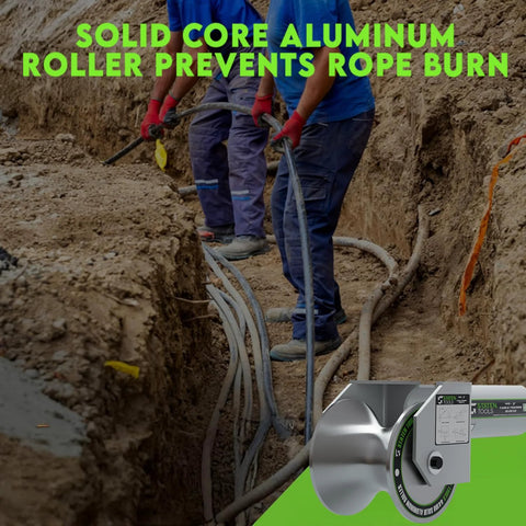 441-4 Inch Feeding Sheave in trench work, solid aluminum roller, prevents rope burn, compatible with Greenlee Tugger models 640 6801 6001