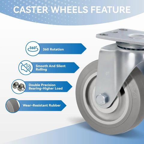 4 Inch Heavy Duty Caster Wheels Set Of 4 With Swivel 1200 Lbs Load Capacity Rubber Quiet Castors Industrial Plate Casters close-up