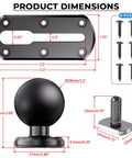 Dimensions of 4 Inch Tough Track Kayak Mount Base With 1.5 Inch Ball T Bolt Track Rail Compatible With RAM Mounts, shown with 8 screws