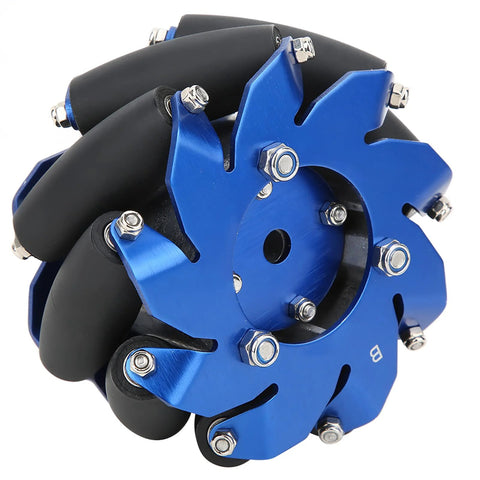 4 inch heavy-duty Mecanum wheel with aluminum hub and TPU rollers, ideal for industrial robot applications and omnidirectional movement.