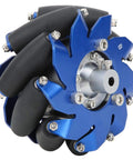 4 Inch Mecanum Wheel Omnidirectional Aluminum Drive Wheel With TPU Rollers for Robot Chassis, showing blue aluminum body and TPU rollers.