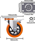 Side view of a 4 Inch Heavy Duty Caster Wheel with orange polyurethane material and dimensions for tool boxes and furniture.
