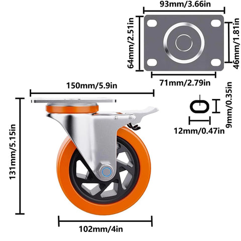 Side view of a 4 Inch Heavy Duty Caster Wheel with orange polyurethane material and dimensions for tool boxes and furniture.