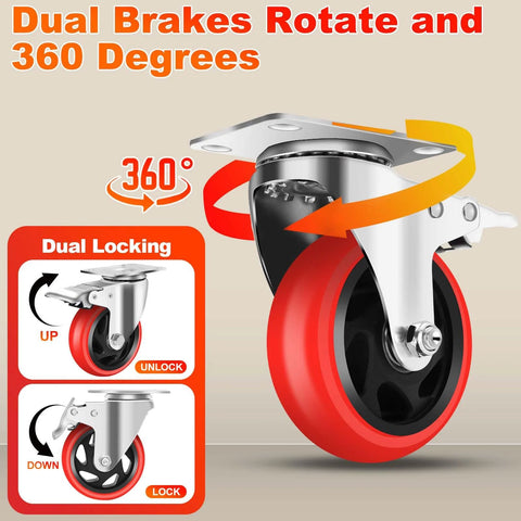 4 Inch Industrial Caster Wheels With Brake Set Of 4 Heavy Duty 2200 Lb Capacity 360 Degree Swivel For Carts Workbenches And Furniture