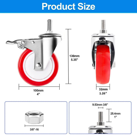 4 Inch Stainless Steel Caster Wheel With Brake Heavy Duty Non Marking Polyurethane PU Wheel Rust Resistant dimensions