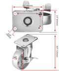 Diagram of Four All Steel Swivel Plate Caster Wheels With Brake Lock, Heavy Duty 400 Lb Capacity Each, 4 Inch Wheel Diameter, Iron Gray Finish.