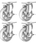 Four All Steel Swivel Plate Caster Wheels With Brake Lock, Heavy Duty 400 Lb Capacity Each, 4 Inch Wheel Diameter, Iron Gray Finish