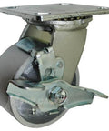 Close-up of a BBQ Pit 4" Steel Caster Kit with Mounting Hardware, showing one swivel caster with brake, front view