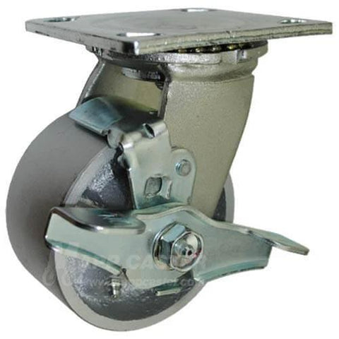 Close-up of a BBQ Pit 4" Steel Caster Kit with Mounting Hardware, showing one swivel caster with brake, front view