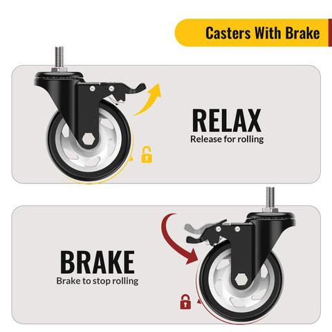 4 Inch Total Locking Stem Caster Wheels Set showing brake release and lock function with 3/8 Inch 16 x 1 Threaded Stem.