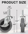 Heavy Duty 4 Inch Thermoplastic Rubber Caster Wheels Set Of 4 With 1/2-Inch-13 X 1-1/2 Inch Threaded Stem, Locking Brakes
