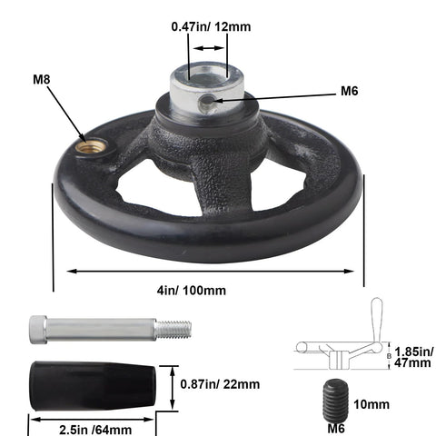 Lote de dos volantes redondos de tres radios, con Inch 10 Inch y Inch 1,2 Inch , con pomo giratorio, para maquinaria; dimensions