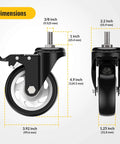 Side and front view of 4 Inch Total Locking Stem Caster Wheels Set of 4 Heavy Duty Swivel Casters with 3/8 Inch 16 x 1 Threaded Stem Steel Housing.