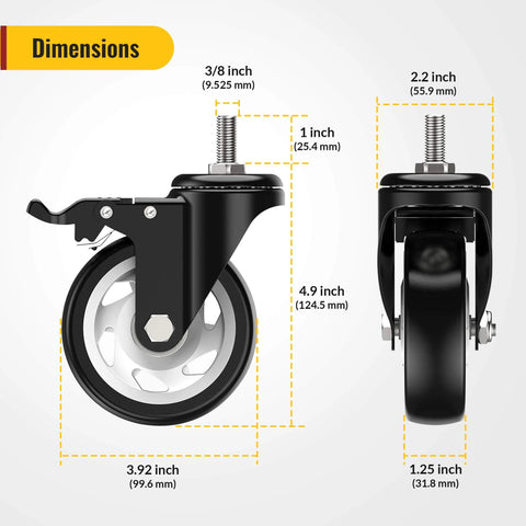 Side and front view of 4 Inch Total Locking Stem Caster Wheels Set of 4 Heavy Duty Swivel Casters with 3/8 Inch 16 x 1 Threaded Stem Steel Housing.