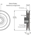 Diagram of Heavy Duty 4 Inch V Groove Drive Pulley for 4L belts with Five Eighths Inch Bore and 4 Inch OD showing dimensions and groove angle.