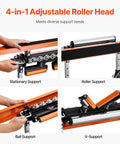4-in-1 Roller Stand showing stationary, roller, ball, V-support with adjustable height, 440 lb load capacity, polished multi-directional head