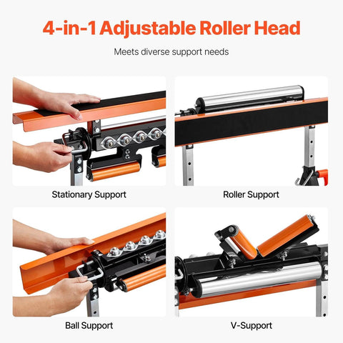 4-in-1 Roller Stand showing stationary, roller, ball, V-support with adjustable height, 440 lb load capacity, polished multi-directional head
