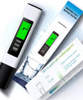 4 in 1 Tds Meter Digital Water Tester with green display, showing TDS ppm, next to packaging, for testing drinking water, aquariums and RO systems.