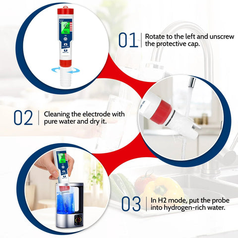 4 In 1 Water Quality Tester For Drinking Water With pH, Hydrogen H2, ORP And Temperature Readouts instruction steps