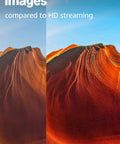 Comparison of HD and 4K streaming quality; sharper 4K on Fire TV Stick 4K Select Streaming Device; vibrant desert landscape.