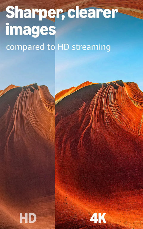 Comparison of HD and 4K streaming quality; sharper 4K on Fire TV Stick 4K Select Streaming Device; vibrant desert landscape.