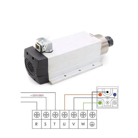 Beefy 4KW ER25 Air Cooled Spindle Motor 220V 380V for Woodworking, square ceramic bearings, wiring diagram, CNC ready, front side view