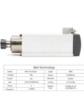 Beefy 4KW ER25 Air Cooled Spindle Motor 220V 380V for woodworking, side view with specifications chart, square ceramic bearings CNC ready