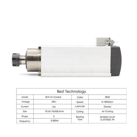 Beefy 4KW ER25 Air Cooled Spindle Motor 220V 380V for woodworking, side view with specifications chart, square ceramic bearings CNC ready