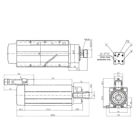 Technical drawing of Beefy 4KW ER25 Air Cooled Spindle Motor 220V 380V for woodworking, showing dimensions and connection details.