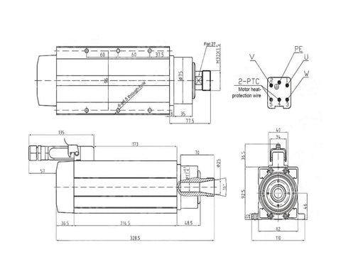 Technical diagram of 4kW ER25 Air Cooled Spindle Motor For CNC Milling And Machining 220V And 380V Compatibility Square Type Ball Bearings