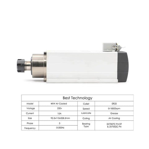 4kW ER25 Air Cooled Spindle Motor For CNC Milling And Machining 220V And 380V Compatibility Square Type Ball Bearings