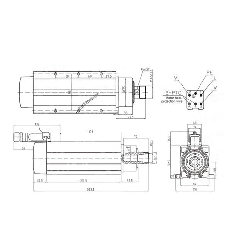 Technical drawing of a 4kW ER25 air cooled spindle motor for CNC milling and machining, showing dimensions and square type ball bearings.