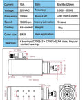 Specifications and dimensions for 4KW 220V Air Cooled Spindle Motor ER25 18000 RPM With 4 Bearings And 300 Hz Frequency for CNC milling