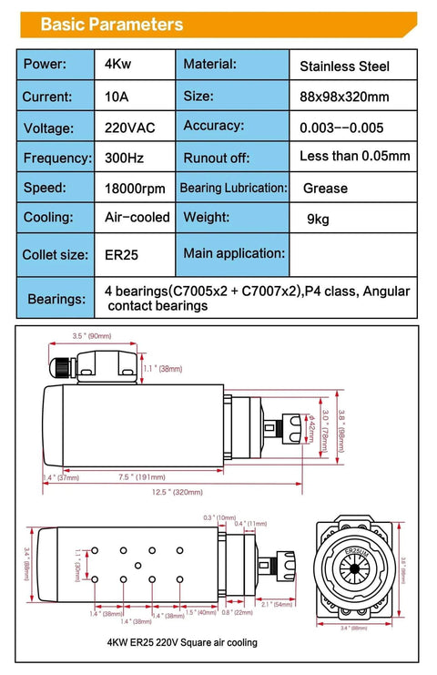 Specifications and dimensions for 4KW 220V Air Cooled Spindle Motor ER25 18000 RPM With 4 Bearings And 300 Hz Frequency for CNC milling