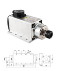 220V 4KW Square Air Cooled CNC Spindle Motor for CNC Router Machines, 18000RPM, ER25 6mm Collet with technical diagram