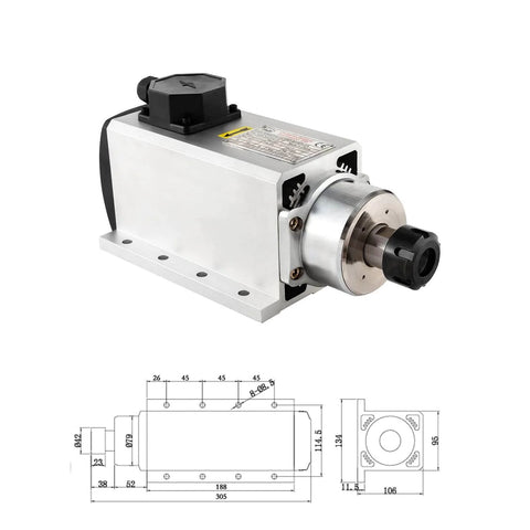 220V 4KW Square Air Cooled CNC Spindle Motor for CNC Router Machines, 18000RPM, ER25 6mm Collet with technical diagram