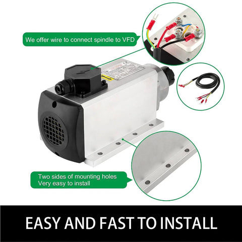 220V 4KW Square Air Cooled CNC Spindle Motor For CNC Router Machines with installation wiring and mounting options