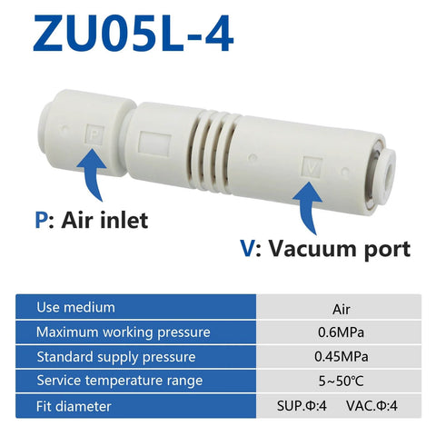 4mm Push In Vacuum Ejector Fitting One Touch Tube Type Pneumatic Connector For 4mm OD Tubing Straight Vacuum Generator ZU05L